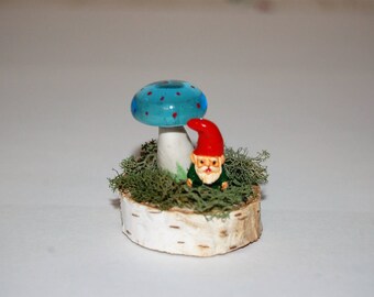 Fairy Garden, Terrarium Decoration - Miniature Gnome and Glass/Polymer Clay Toadstool