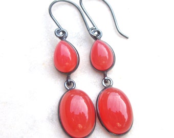 Orange chalcedony earrings, stone dangle earrings, oxidized sterling silver, boho gemstone earrings, orange earrings, long gemstone earrings