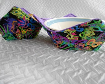 Microwave Bowl Cozy, Mardi Gras Bowls, Soup Bowl Warmer, Ice Cream Bowl Holder, Fabric Bowl Holder, Reversible Cozie, Purple Cozy, Set of 2