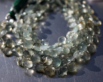 Organic Look...Deep Sea Moss Green Aquamarine Faceted 7-8mm Heart Briolette Drop Beads 4" strand 25 beads