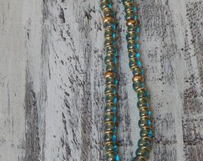 Cross Necklace Gold Pewter Cross Beaded Necklace Blue Czech Glass Beaded Brass Boho Necklace Spiritual Jewelry