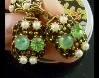 Collectible Vintage Florenza Jade, Peridot, and Pearl Earrings - Free U.S Shipping