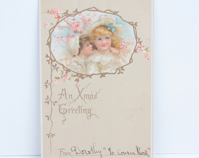 Antique Christmas Postcard Two Girls Vignette Pastels An Xmas Greeting