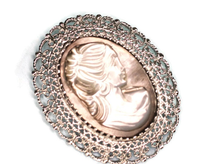 MOP Cameo Brooch or Pendant in Sterling Silver Setting Signed KL