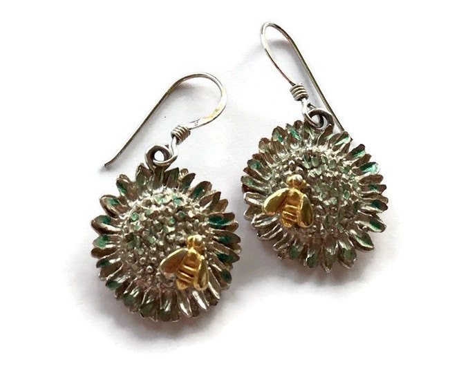 Sterling Sunflower Dangle Earrings Gold Tone Bee Green Enamel Vintage