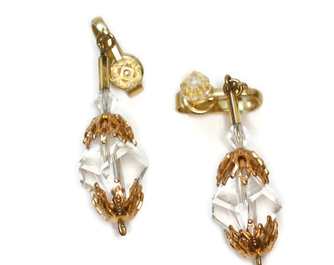 Crystal Bead Earrings Filigree End Caps Dangle Drop Clip Style Earrings