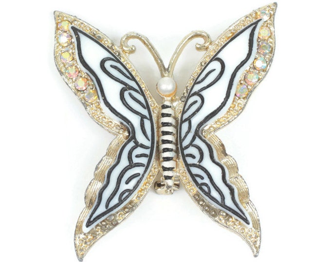 Layered Butterfly Brooch AB Rhinestones Lucite Simulated Pearl Vintage