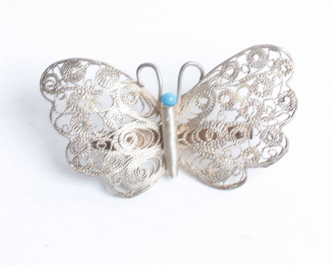Silver Filigree Butterfly Pin Turquoise Accent Vintage