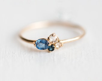Blueberry Mini Cluster Ring // Blue Sapphire Ring // 14k Gold Birthstone Cluster Ring // Rose Cut White Diamonds // Gold Sapphire Ring