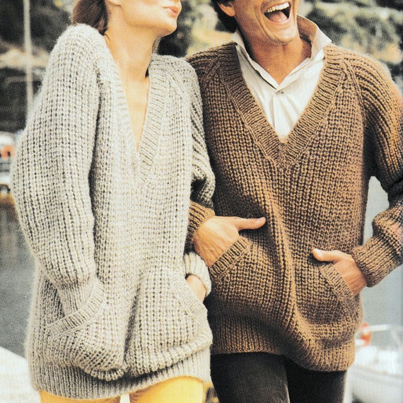 Vintage Knitting Pattern Bulky Chunky Unisex Sweater Jumper Pullover Tunic Ov...