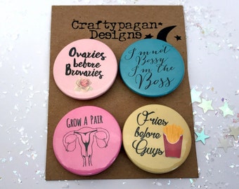 Girl Boss Feminist Badge Set/ Fries Before Guys Badge/ Grow A Pair Ovaries Badge/ Female Empowerment Badges/ Feminist Gift Idea/ Friendship