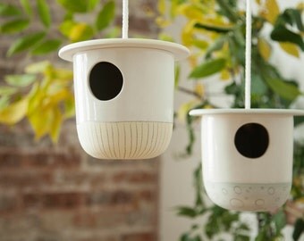 Bird house - Ceramic birdhouse - Yellow and white bird feeder - Handmade bird house