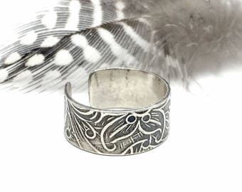 Sterling Silver Ear Cuff, Tooled Leather Design, Jewelry for Women,