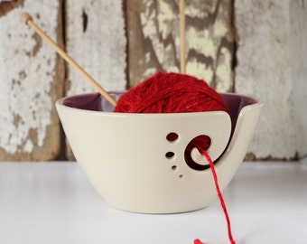 Purple Ceramic Yarn Bowl, Yarn Bowl, Knitting Bowl, Crochet Bowl, Purple and White Yarn Bowl, Made to Order