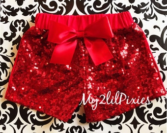 Red sequin shorts , Baby Girls red Sparkle Sequin SHORTS- girls birthday outfit- girls sequin shorts- toddler shorts- toddler sequin shorts