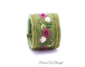 Embroidered Flower Cuff, Textile Bracelet,Wearable Fiber Art for Wrist