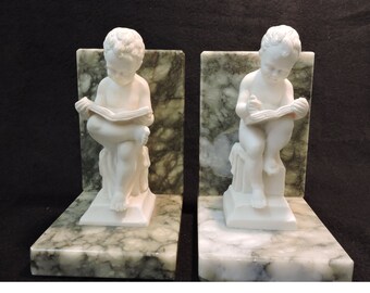 Marble Base Bookends of Boy Reading and Boy Writing