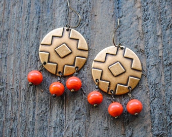 Aztec Dangle Earrings - Orange Earrings - Boho Earrings, Tribal, Southwest, Geometric, Warrior