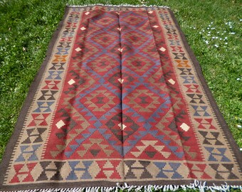 7 ft 10" x 4 ft 11". Handspun wool. Maimana hand woven Rug/Kilim. 239 x 150 cm Tapis