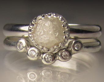 Raw Diamond Wedding Set, White Raw Diamond Engagement Ring, Rough Diamond Ring