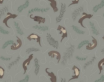 Down by the River from Lewis and Irene - Full or Half Yard Playful Otters on Dark Pebble - Otter Fabric