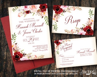 Red Blush Floral Wedding Invitation SET | Pink Flowers Vintage Marsala | Printed Invite Printable Digital File DIY | Country Rustic Boho