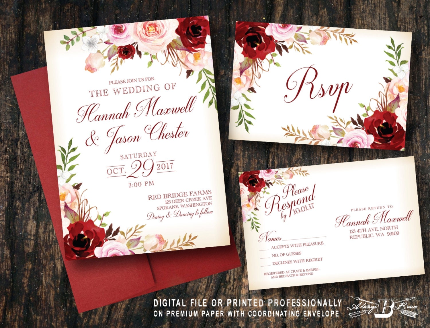 Red Floral Wedding Invitations 1