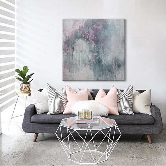 Large abstract painting square pale pink grey white painting
