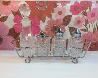 Vintage Retro Glass Condiment Set 4 Piece Cruet Salt Pepper Pots Steel Frame 60s 70s