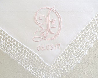 Wedding Handkerchief: Crochet Lace Handkerchief with Peony Design 1-Initial Monogram and Date