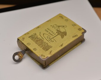 Vintage 1940s- 50s Zell Metal Bank for Baby Babies First Savings Bank with Key works, Stork Cover FREE SHIPPING