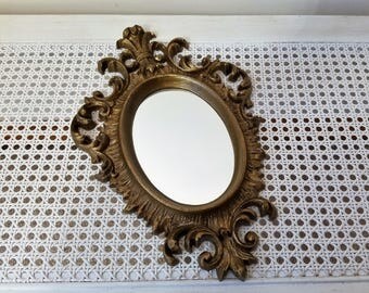 Vintage Ornate Gold Wall Mirror by Burwood USA 9" x 14", Hollywood Regency Flourishes Fleur de Lis, Gallery Wall Decor