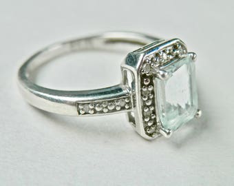 Sterling Silver Aquamarine Ring Vintage Solitaire Rhinestones Size 5.75 Ring March Birthstone Traditional Style 925 Jewelry
