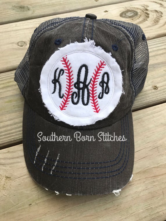 Womens Monogrammed baseball trucker hat distressed charcoal