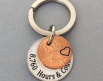 Anniversary Gift - Anniversary Gift For Men - Personalized KeyChain - Stamped Penny KeyChain - Hours & Counting Keychain