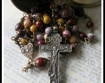 Bronze Catholic Wire Wrapped Rosary in Mookaite Jasper w/ Russian Orthodox Crucifix