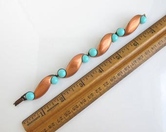Copper & Turquoise Cabs Link Bracelet - Vintage, 7"