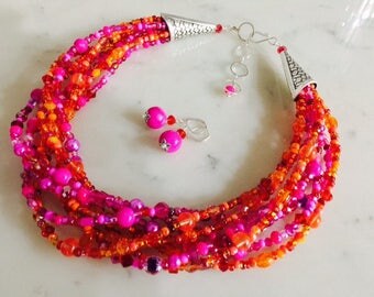 Bright hot pink neon orange necklace earrings set, chunky, multistrand, multi color, Czech glass, colorful, gift idea, multi strand