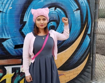 Knit Pink Pussy Hat- Chunky Handknit Hat