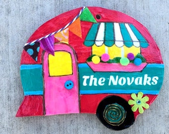 personalized, camper, ornament, magnet, personalized, travel, vintage camper, red