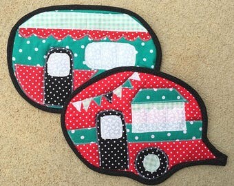 camper, camping, vintage camper, pot holder, hot pad, potholder, cooking, baking, kitchen, red, teal, black