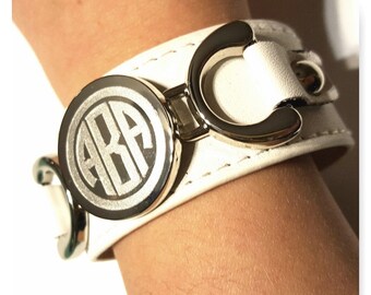 SALE White - Monogram - Monogram Bracelet - Monogram Jewelry - Leather Bracelet - Bridesmaid Gift - Gift for her - Gift for women