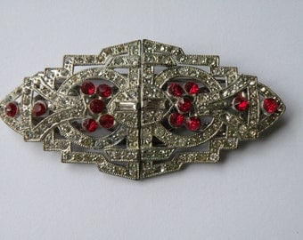 Coro Duette clear, red rhinestone brooch, dress clip, shoe clip. Art Deco duette, double clip brooch.