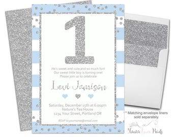 1st Birthday Invitation Boy - Boys 1st Birthday Invite - 1st Birthday Party Invite - First Birthday - Boys Party Invite - Blue and Silver
