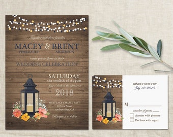 Rustic Wedding Invitation Set Metal Lantern Country Wedding Invitations Suite Navy Blue and Coral Flowers RSVP Cards Digital Printable DIY