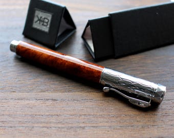 Hand Turned Pen, Wood Pen, Handmade, Made In Canada, Wood Turned Pen, Burl Wood, Amboyna Burl, Celtic Knot, Rollerball Pen, Chrome