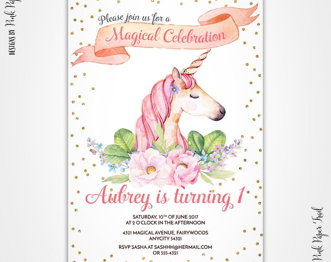 Unicorn Party Invitation, Gold Glitter Unicorn Invitation, Magical Enchanting Party, I Will Customize, Print Your Own