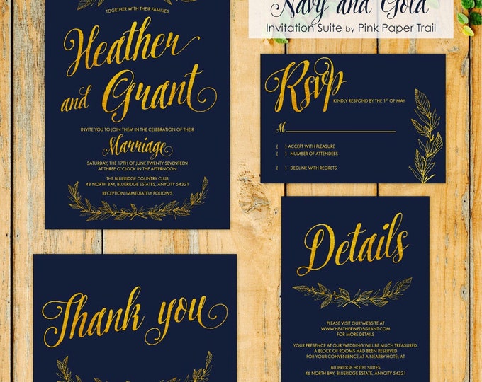 Printable Wedding Invitation Suite, Navy Blue and Gold Wreath Spring Summer Wedding Print Your Own Invitation