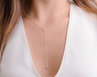 Natural Turquoise Y Necklace, Sterling Silver, Gold Plated, Lariat Necklace, Minimalist Drop Necklace, Gift for Her, Lunai, NCK005TRQ