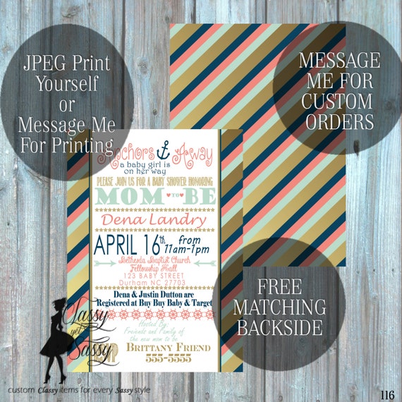 Nautical Baby Shower Invitation, Coral and navy theme Baby Shower Invitation, It's A Baby Shower Invite, 116